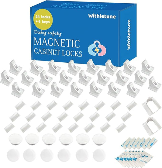 (24Locks + 6keys) Withletune Magnetic Cabinet Locks for Child Proofing - Child Safety Drawer Lock, Suitable for Kitchens, cabinets, and Storage cabinets - no Drilling Required, Adhesive Installation.