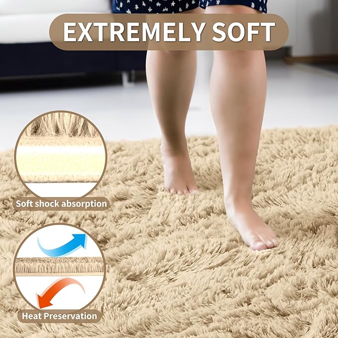 Merelax Soft Modern Indoor Large Shaggy Rug for Livingroom Bedroom Dorm Kids Room Home Decorative, Non-Slip Plush Fluffy Furry Fur Area Rugs Comfy Nursery Accent Floor Carpet 6x9 Feet, Light Tan