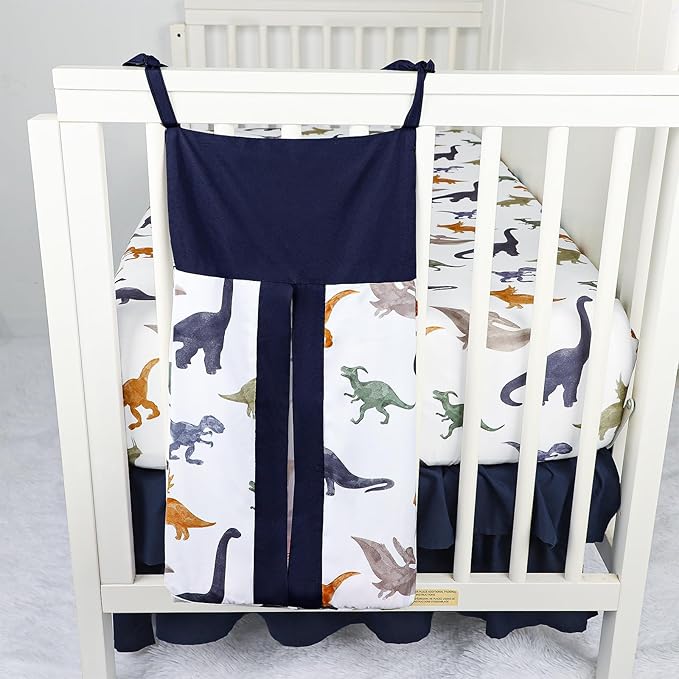 4-Piece Crib Bedding Set， Baby Nursery Bedding Sets for Boys Includes Comforter, Fitted Crib Sheet, Crib Skirt, and Diaper Stacker, Soft Standard Size Crib Comforter Set Blue ，Dinosaur