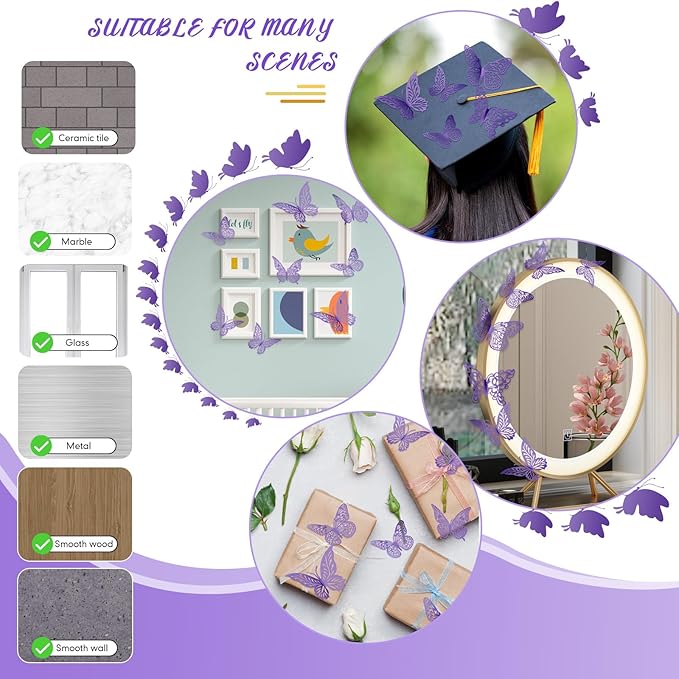3D Butterfly Wall Decor 3 Sizes 4 Styles Butterfly Party Decorations Cake Decorations Removable Stickers Wall Decor Room Mural Metallic Kids (Purple, 48Pcs)