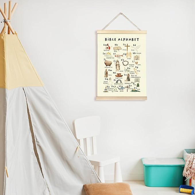 CGBHW Christian Bible Alphabet Poster Hanger Frame, Scripture Learning Educational ABC Posters Wall Art Hanging Decor for Toddler Kids Room Classroom Playroom Nursery Preschool，12x16Inch