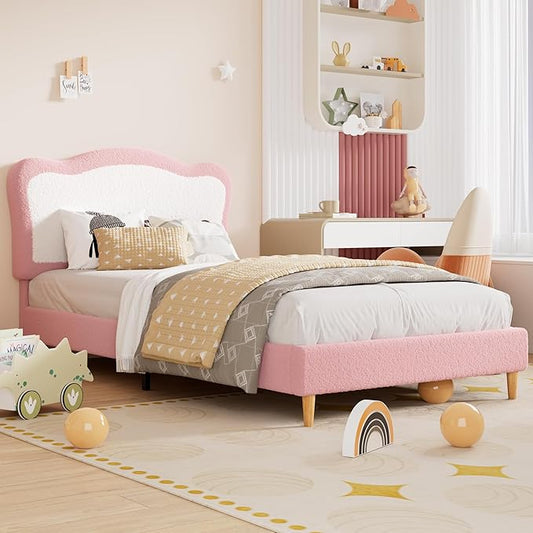 GarveeHome Full Bed Frames for Kids with Soft headboard, Velvet Low Bed Frame for Girls, Boys, No Box Spring Needed, Wooden Slats, Noise Free, Sturdy, Easy Assembly, Pink, White