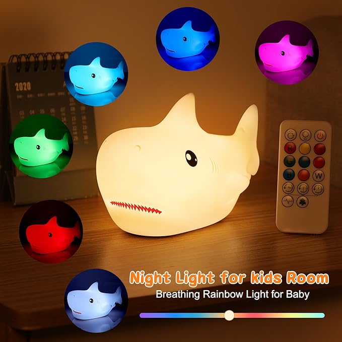 ZKLiLi Remote Shark Night Light, Cute Silicon Night Light for Kids, Nightlight with Remote，Portable Recharge Nightlight for Kid Room,Funny Gifts Stuff for Boys Girls Baby（Remote Control）