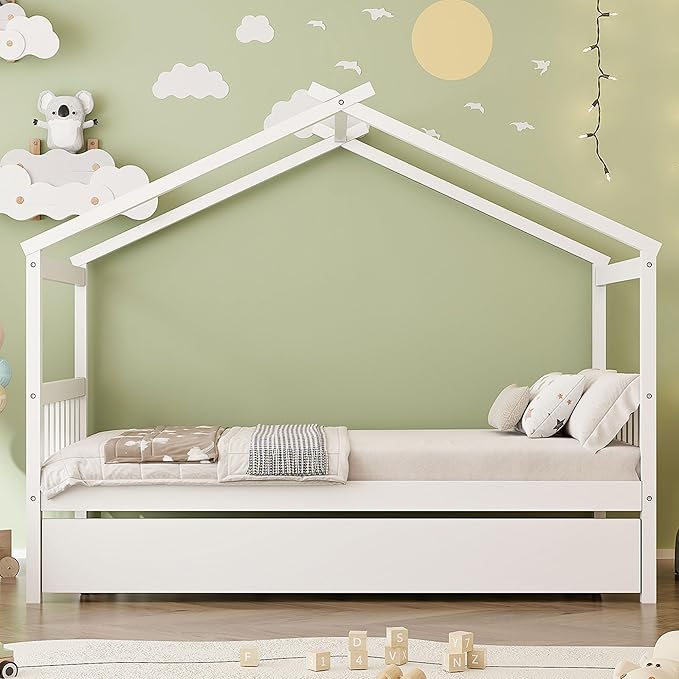 Harper & Bright Designs Twin House Bed for Kids, Wood Platform Bed with Trundle, Montessori Bed with Roof, Playhouse Trundle Beds for Kids,Teens, Bedroom, White