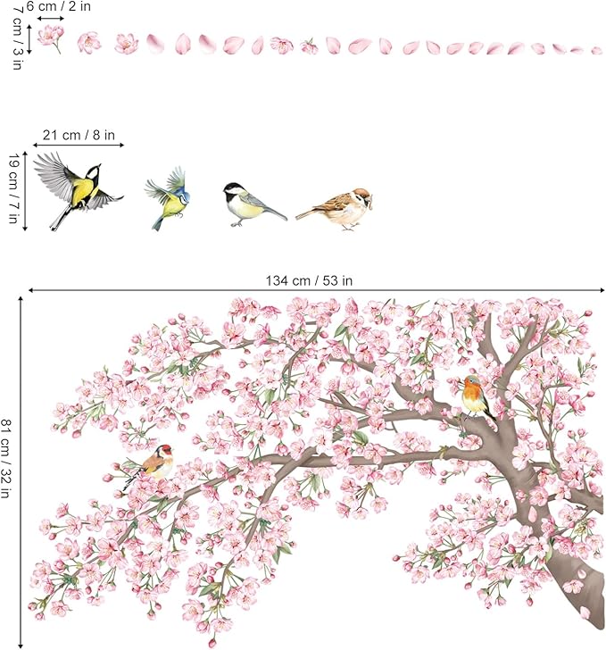 decalmile Large Cherry Blossom Tree Branch Wall Stickers Pink Floral Birds Wall Decals Baby Nursery Bedroom Living Room Home Decor