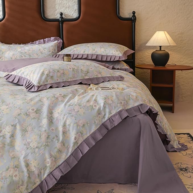 Garden Style Flower Duvet Cover with Purple Ruffles Vintage Floral Duvet Cover 100% Cotton Princess Lace Bedding Set Botanical Flower Comforter Cover Boho Cottagecore Bedding Cover with Zipper Ties