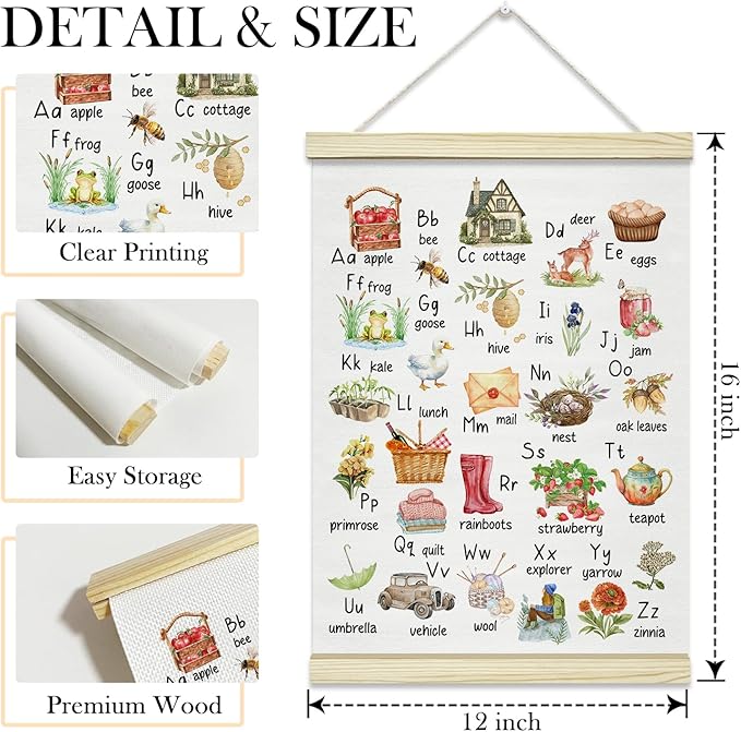 TRKAE Farm Alphabet Canvas Poster Hanger Frame, Classroom ABC Wall Art, Toddler Educational Wall Decor for Nursery Playroom Kids Room -028