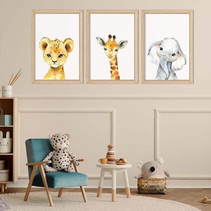 YWJKWLGS Baby Safari Nursery Wall Decor 16"x11" Set of 3 Cute Animal Giraffe Elephant Lion Prints Sign Wood Framed for Children's Room Wall Art (Wood)