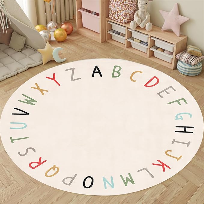 Round ABC Rugs-7ft Kids Round Rug Alphabet Numbers Shapes Educational Kid Area Rug Non Slip Kid Play Mat Carpet for Girl Boy Bedroom Playroom-White