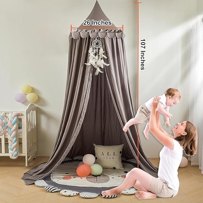 Kids Bed Canopy for Girls Room Canopy for Crib Nursery Blocking Light Hanging Reading Canopy (Ruffle Gray)