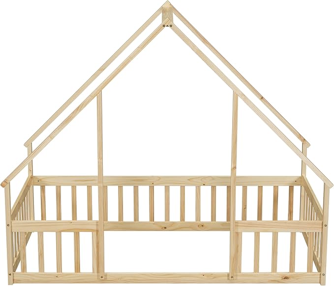 Bellemave Twin Size Wood House Bed Frame for Kids, Montessori Floor Bed with Fence, Playhouse for Girls and Boys, Natural