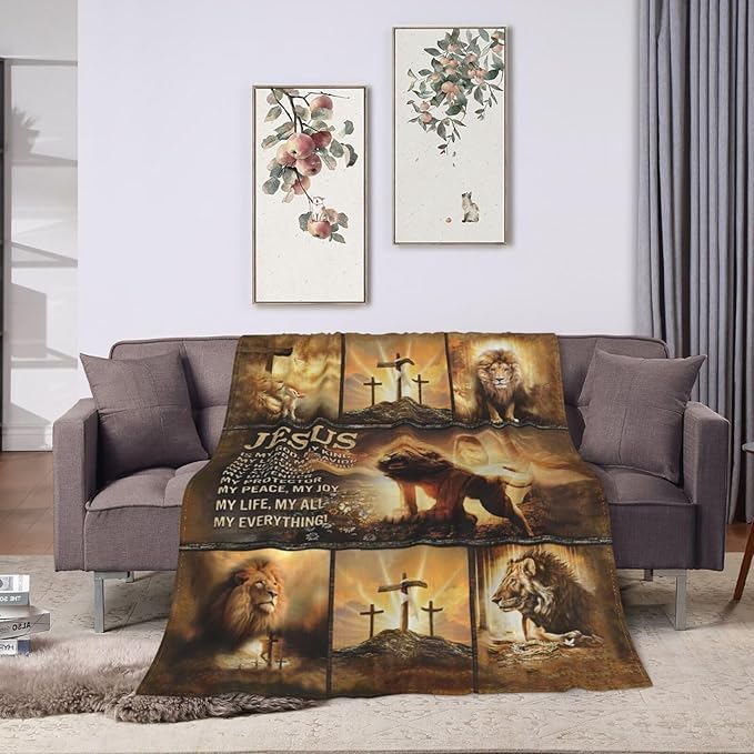 Christian Blanket for Men Christ Lion Jesus Religious Faith Throw Blanket Soft Cozy Warm Fuzzy Fleece Christian Bedroom Decor Blanket Gifts for Men Women Couch Sofa Bed 80"X60"