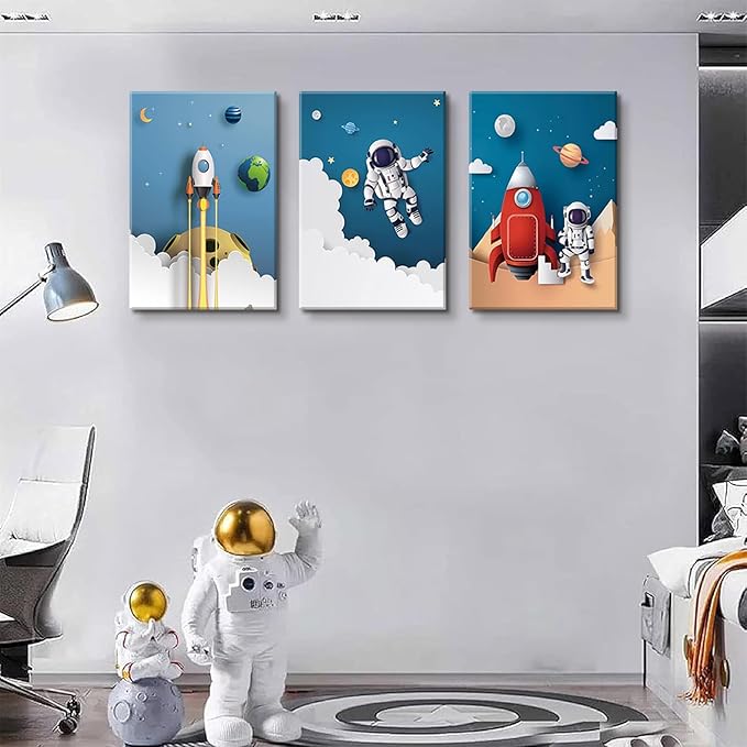 3Pcs Astronaut Canvas Wall Art Nursery Space Adventure Wall Decor Whimsical Space Themed Posters Artwork Rocket Spaceship Prints Pictures for Kids Room Boys and Girls Bedroom (16x24in Canvas)