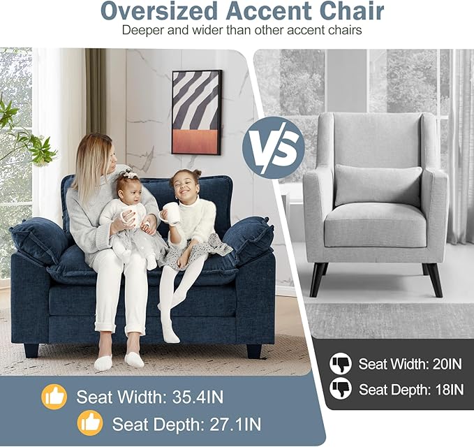 CDCASA Oversized Accent Chair, Chenille Mid Century Modern Armchair, Comfy Upholstered Seating Reading Cloud Sofa Chairs for Bedroom Living Room, Set of 2,Blue
