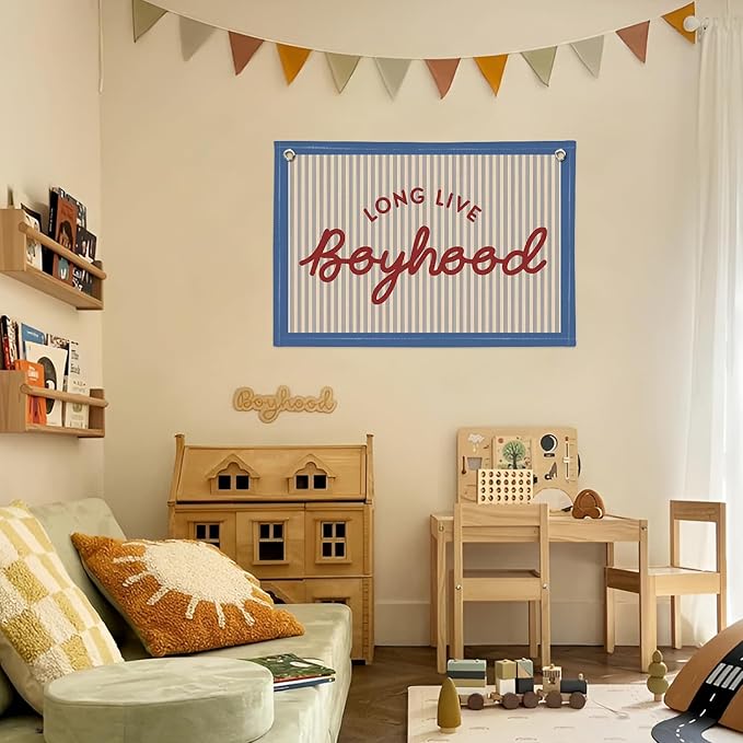 Long Live Boyhood Banner, Boy Nursery Decor, Canvas Banner Wall Hanging Flag Decor for Nursery Playroom Toddler Room, Boys Kids Room - Retro