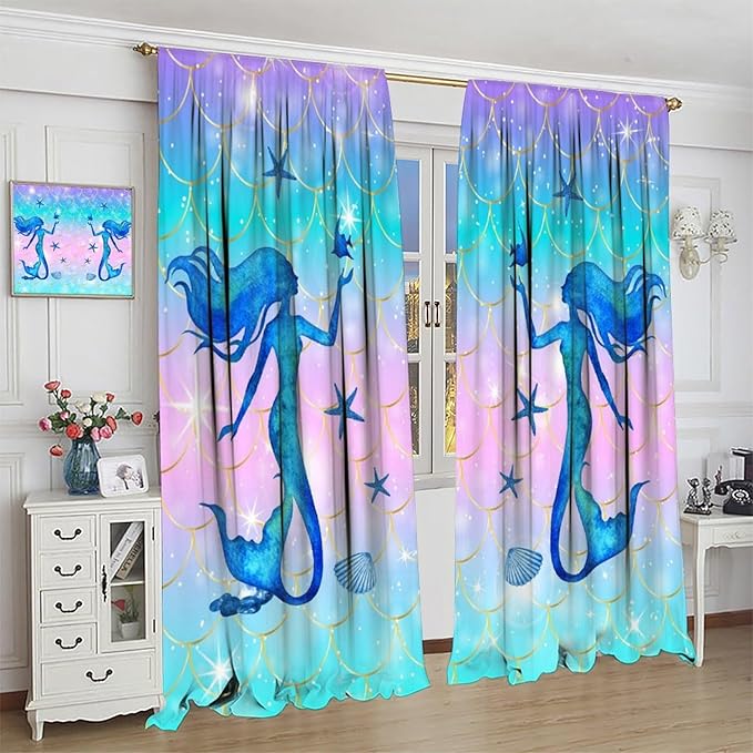 Mermaid Scale Curtains for Kids Girls Magic Gradient Mermaid Fish Scale Pattern Decoration Bedroom Nursery Curtains 55x63 Inch