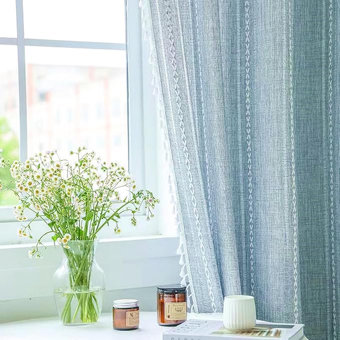Deeprove Blue Boho Curtains 96 Inches Long for Bedroom Living Room Kitchen, Bohemian Chic Textured Embroidery, Vintage Handmade Tassels Farmhouse Decor Drapery, Rod Pocket, 1 Panel W52 x L96