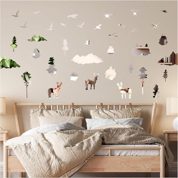 Woodland Tree Animal Wall Stickers Removable 3D Mirror Acrylic Wall Decals Mountain Pine Trees Decals Peel and Stick Forest Animals Tree Decor for Bedroom Living Room
