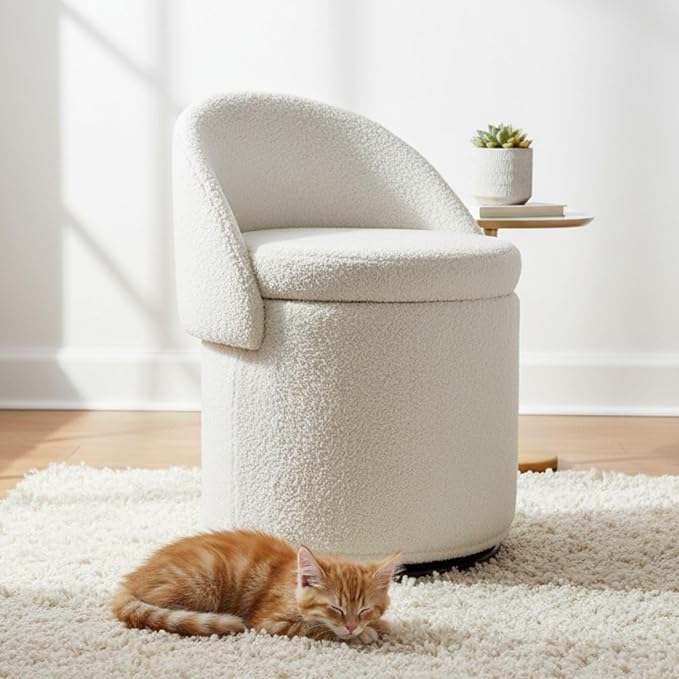 LukeAlon Sherpa Makeup Ottoman with Storage, Upholstered 360° Swivel Vanity Stool with Foldable Backrest Modern Cylindrical Footrest Stool for Living Room Bedroom, White