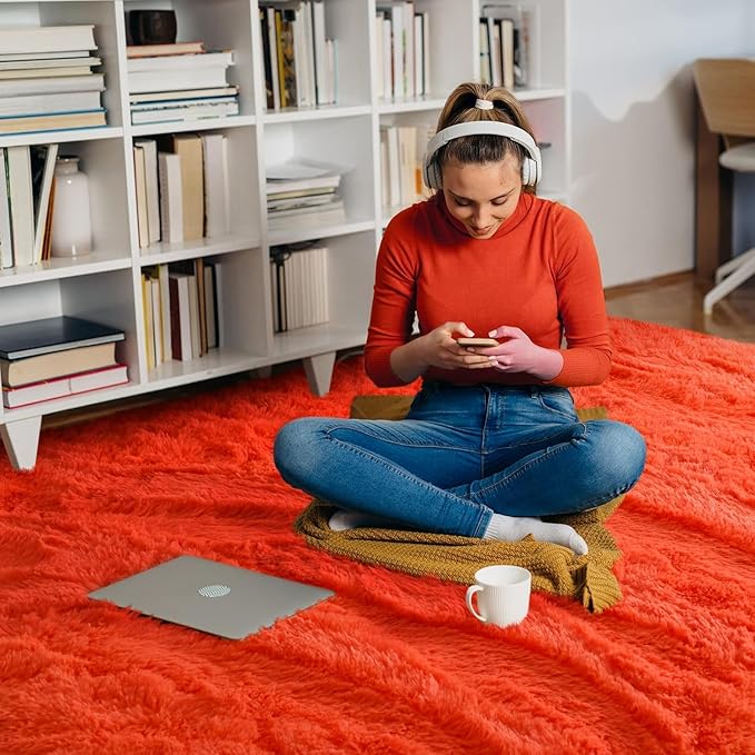 Merelax Soft Fluffy Shaggy Rug for Livingroom Bedroom, Orange Red Christmas Rugs for Home Holiday Decor, Large Non-Slip Plush Furry Fur Area Rugs Comfy Kids Room Modern Accent Floor Carpet 6x9 Feet