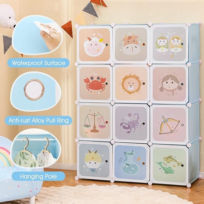 INFANS Children Wardrobe, Kid Closet Portable Baby Dresser Cute for Kids Bedroom Nursery Armoire with Doors 12 Cube 2 Hanging Sections, Kid Clothes Storage Organizer