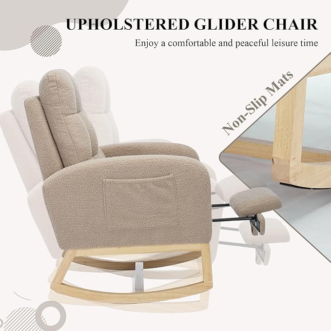 Nursery Rocking Chair, Polyester Upholstered Glider Chair with Footrest, Comfy Rocker Chair, Accent Chair with High Backrest, Glider Rocker, Armchair for Living Room (Brown Teddy)