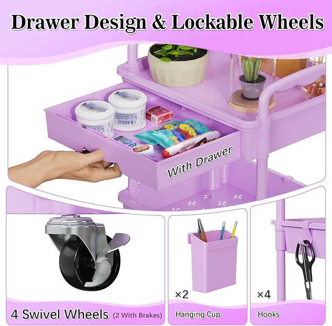 3 Tier Rolling Cart Organizer with Drawer, Bathroom Storage Carts with Wheels & Plastic Shelf, Mobile Storage Organizers for Kitchen, Office, Laundry Room, Baby, Snack, Craft, Makeup, Purple