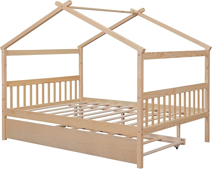 Merax Full Size Wooden House Bed with Trundle, Wood Bed Frame with Roof for Kids, Teens, Boys or Girls, Natural