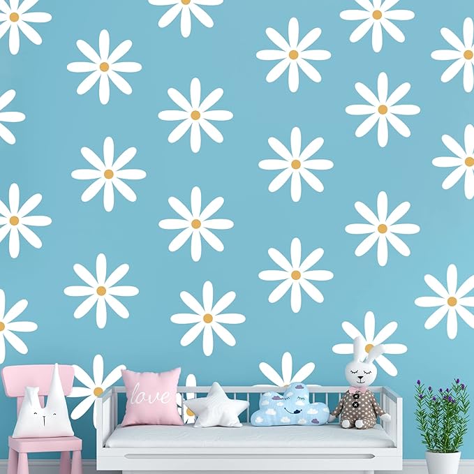 TaoBary 12 Sheets Daisy Wall Decal Flower Wall Sticker Cute Daisy Sticker Pink White Flower Decal Peel and Stick Floral Wallpaper for Nursery Bedroom Home Decor(White, Yellow,Fresh Style)