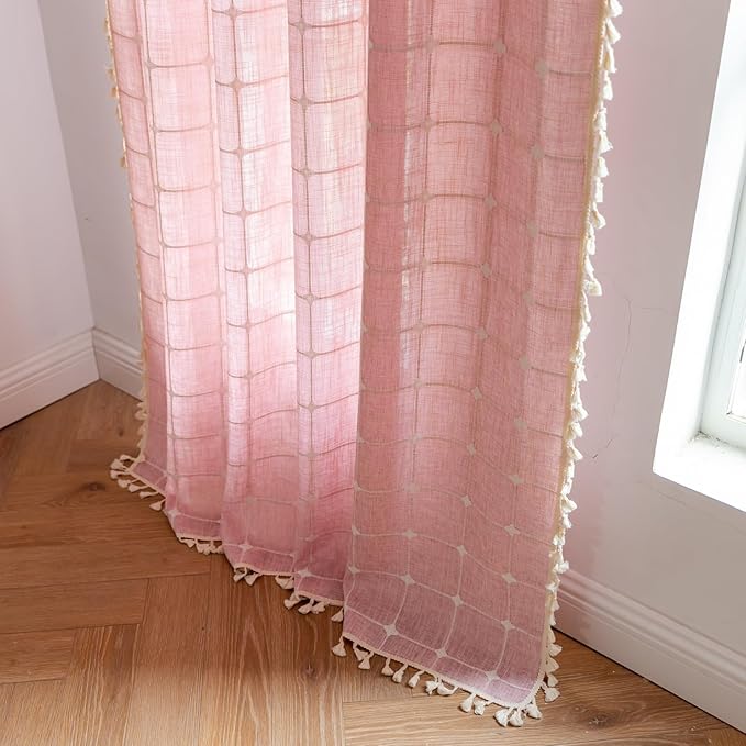 Deeprove Pink Boho Curtains 84 Inches Long for Girl's Bedroom Nursery Room, Cotton Linen Plaids Embroidery Semi Blackout Bohemian Window Treatment Grids Drape Tassels, 1 Panel W52 x L84