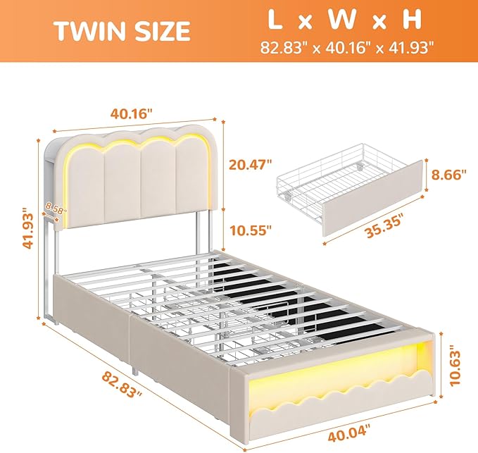 Maupvit Twin LED Bed Frame with Storage Headboard and 4 Drawers, Upholstered Platform Bed Frame with Bookcase, Velvet Princess Bed for Kids Girls, Charging Station, No Box Spring Needed, White