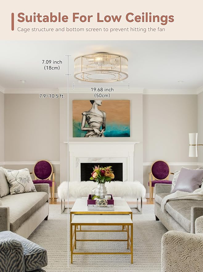 Low Profile Ceiling Fans with Lights, 20" Gold Crystal Ceiling Fan with Light Flush Mount and Remote Control, Drum Caged with 6 Speeds for Bedroom, Nursery, Living Room (Gold Crystal)