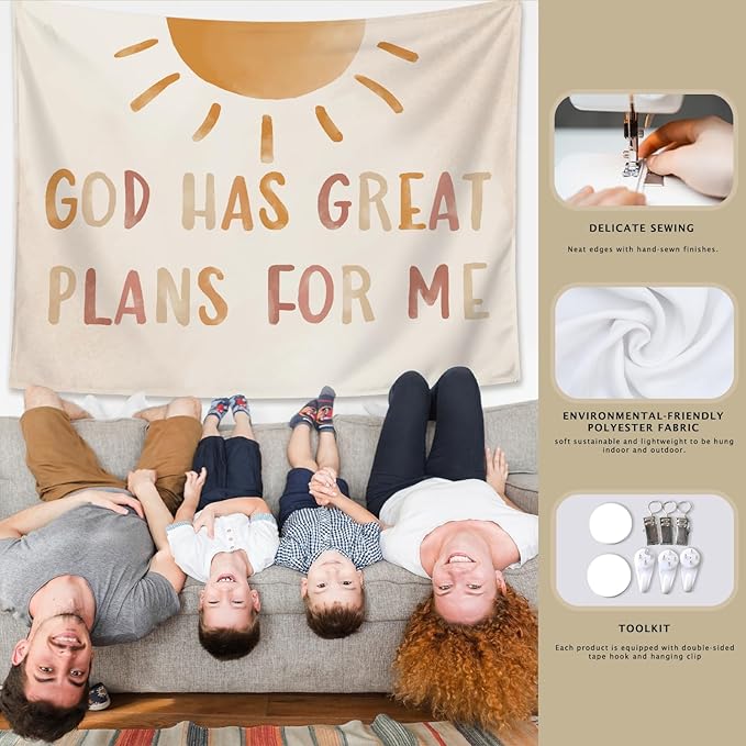 LIANGW Boho Neutral Baby Nursery Christian Wall Tapestry – God Has Great Plans for Me Bible Verse Decor, Inspirational Toddler Room Tapestry for Boys,Teens Room Decoration Room Bedroom 50x60 inches