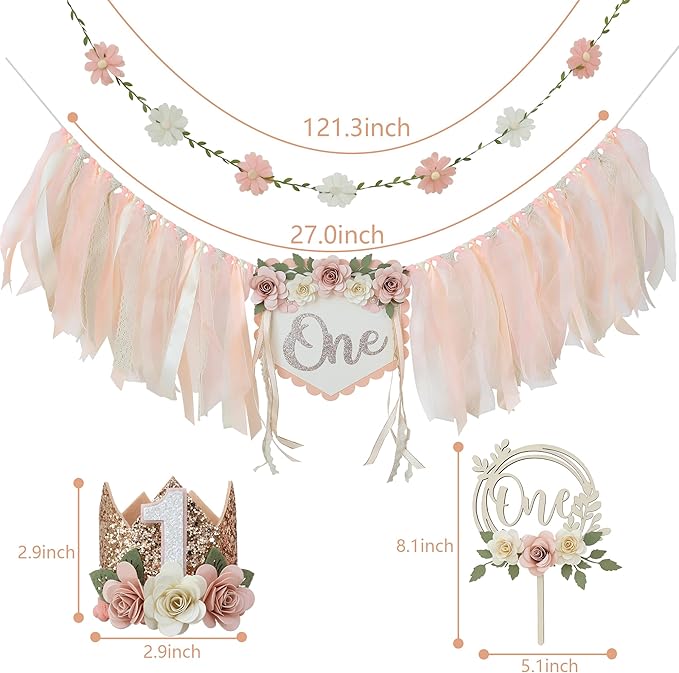 Wildflower 1st High Chair Banner Birthday Party Decorations for Girl Light Pink One Flower Cake Topper 1st Birthday Decorations Supplies