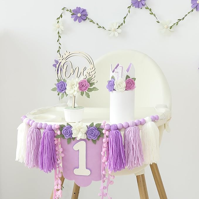 Wildflower 1st High Chair Banner Birthday Decorations For Girl One Flower Cake Topper Floral Hat Birthday Decoration Supplies