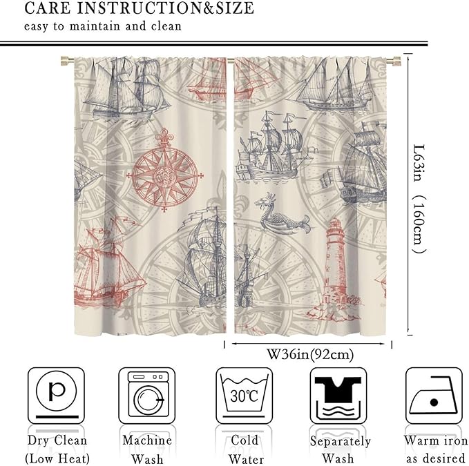 Abstract Nautical Curtain Set Seahorse Curtain for Kids Yellow Polyester Fabric Bedroom Curtain Set 2 Panels,72x63 Inches