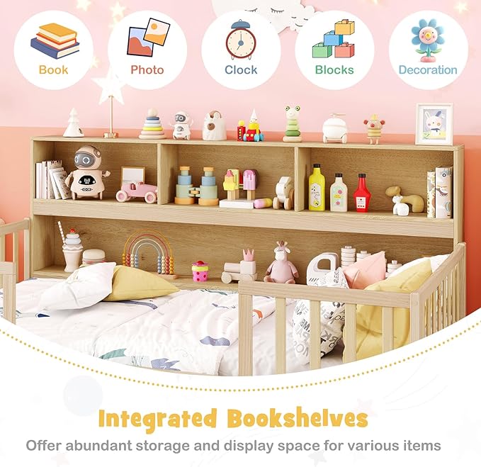 KOMFOTT Twin Floor Bed with Bookcase & Shelves, Wood Bed Frame with Bedside Bookshelves & Guardrails, Versatile 2-in-1 Montessori Floor Bed for Kids (Twin,Natural)