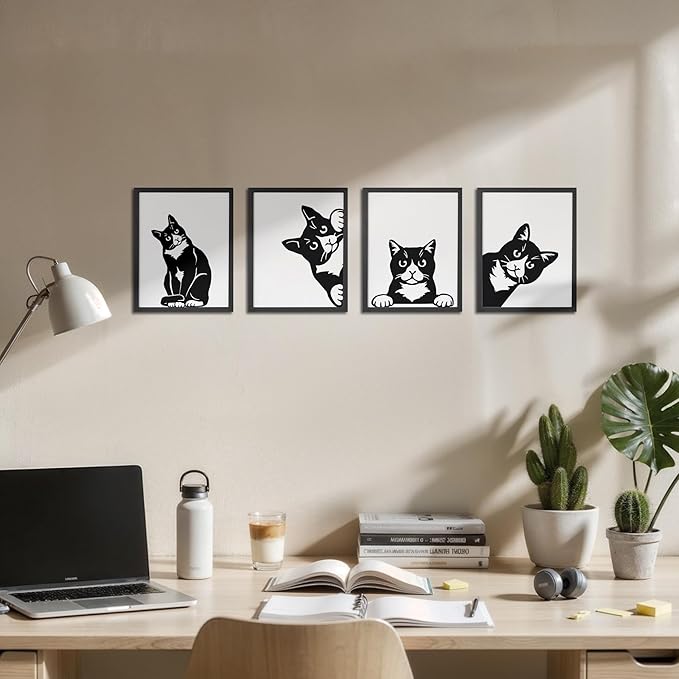 OFJE Funny Black Cat Lover Gifts Wall Art Decor Prints Set of 4, Cute Cat Pictures Wall Decor Living Room Bedroom Bathroom, 8x10 Unframed