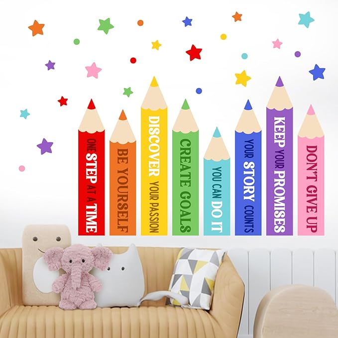 Mfault Colorful Pencil Inspirational Wall Decals Stickers, Cute Motivational Quote Rainbow Stars Nursery Decorations Kids Bedroom Art, Positive Be Yourself Baby Toddler Room Playroom Classroom Decor