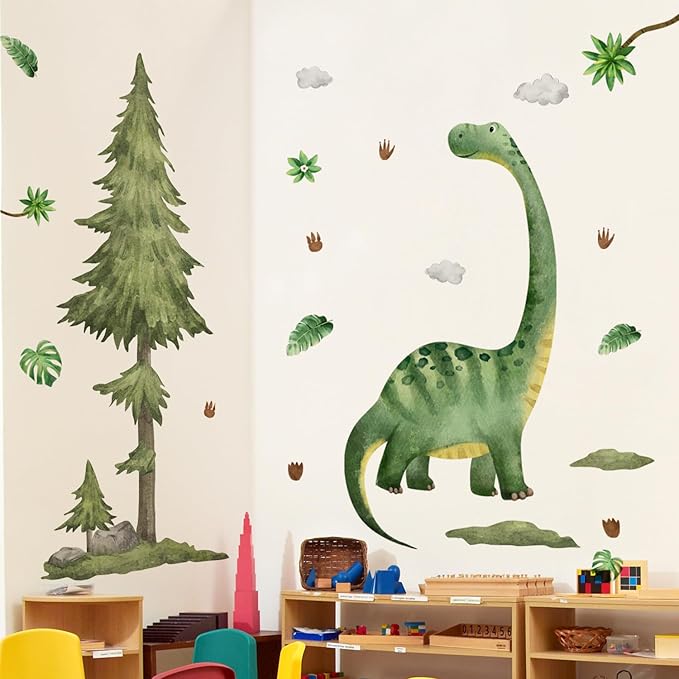 Large Dinosaur Pine Tree Wall Decals 7 Sheets Watercolor Wall Stickers Peel and Stick Forest Pine Tree Dinosaur Wall Decal Decor for Nursery Living Room Bedroom Classroom