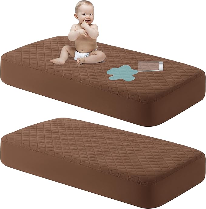 NTBAY 2 Pack Waterproof Crib Mattress Protector, Quilted 28"x52" Toddler Fitted Sheet - Machine Washable - Soft and Breathable Mattress Pad Cover for Crib, Nursery, Daycare, Cot, Brown