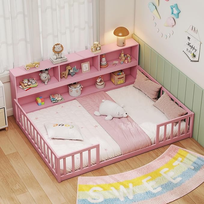 Giantex Full Size Floor Bed for Kids, Wooden Montessori Bed Frame with Bookcase, Storage Shelves & Safety Fence Rails, Floor Beds Full for Girls, Boys, No Box Spring Needed, Without Slats, Pink
