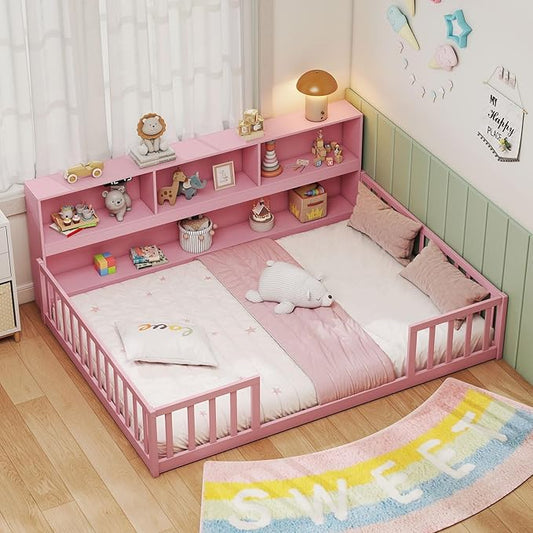 Giantex Full Size Floor Bed for Kids, Wooden Montessori Bed Frame with Bookcase, Storage Shelves & Safety Fence Rails, Floor Beds Full for Girls, Boys, No Box Spring Needed, Without Slats, Pink