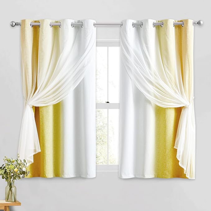 100% Blackout Curtains with Sheer Overlay Mix and Match Double Layer Drapes 54 Inch Length 2 Panels for Bedroom Living Room Yellow White Ombre Grommet Window Treatment with Tiebacks