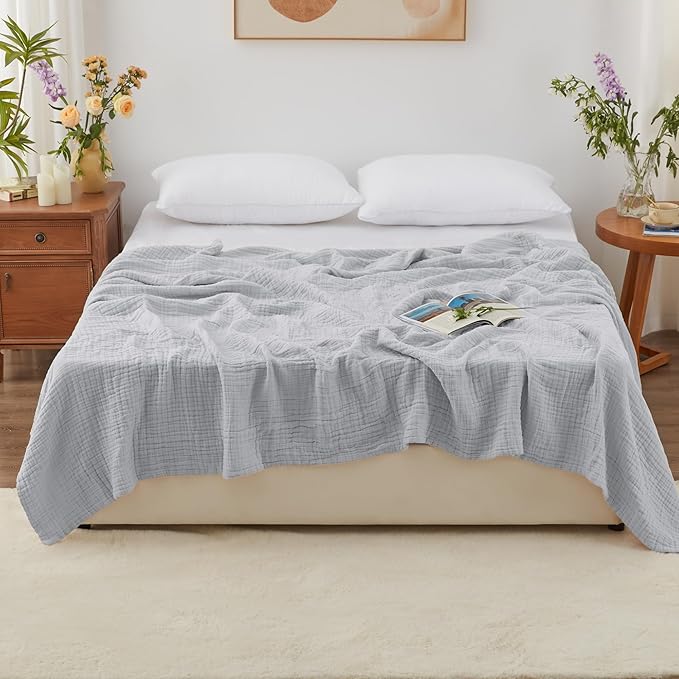 Love's cabin 6 Layer 100% Cotton Muslin Blanket, 90"x90" Muslin Blanket Queen for Couch Bed, Lightweight and Breathable Cotton Gauze for Adult, Light Grey