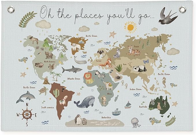 Wheatwin World Map Wall Art Banner for Kids 20x30, World Maps for Wall, World Map Cute Animal Educational Tapestry Wall Hanging Canvas Wall Decor Banner Flag Decor for Kids Room Playroom Classroom - Blue