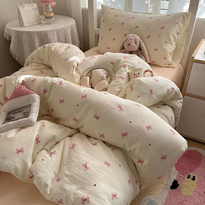 Bow Duvet Cover Queen Size Pink Bowknot Duvet Cover Set with Heart Printed 3 Pcs Kids Boys Girls Princess Style Cute Bows Reversible Bedding Set with Zipper Closure