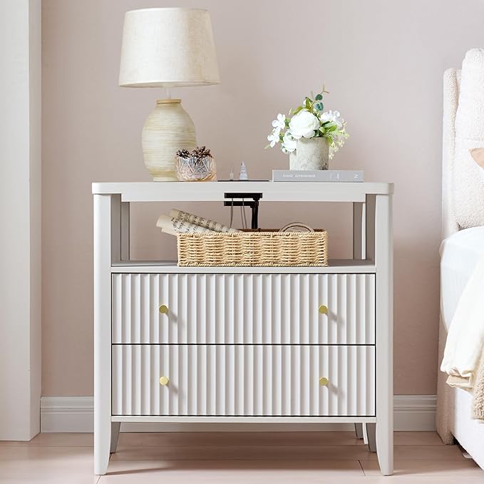 Fluted Nightstand with Charging Station Set of 2, 27.3" Wide Modern Bedside Table with 2 Drawers & Open Shelf, Large Wood End Table with Storage & Metal Handle for Bedroom, Cream White