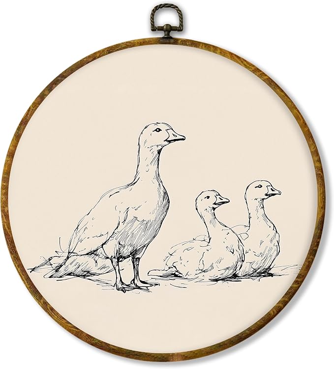 Hiuwevt Vintage Duck Round Wall Art Decor, Minimalist Duck Sketch Framed Canvas Prints, Retro Rustic Farmhouse Animal Round Wall Hanging Decor for Bedroom Home Living Room Decorations, 10x10 Inches