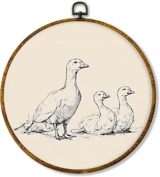 Hiuwevt Vintage Duck Round Wall Art Decor, Minimalist Duck Sketch Framed Canvas Prints, Retro Rustic Farmhouse Animal Round Wall Hanging Decor for Bedroom Home Living Room Decorations, 10x10 Inches